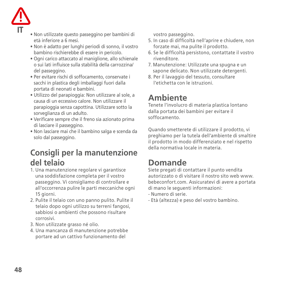 Consigli per la manutenzione del telaio, Ambiente, Domande | Bebe Confort Noa User Manual | Page 48 / 72