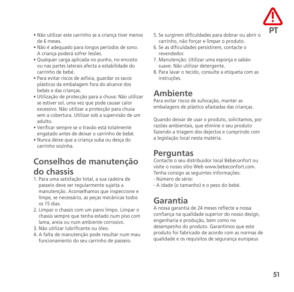 Conselhos de manutenção do chassis, Ambiente, Perguntas | Garantia | Bebe Confort Noa User Manual | Page 51 / 72