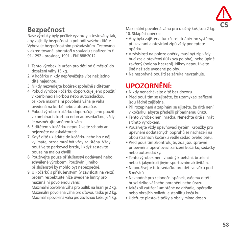 Cs bezpečnost, Upozornění | Bebe Confort Noa User Manual | Page 53 / 72