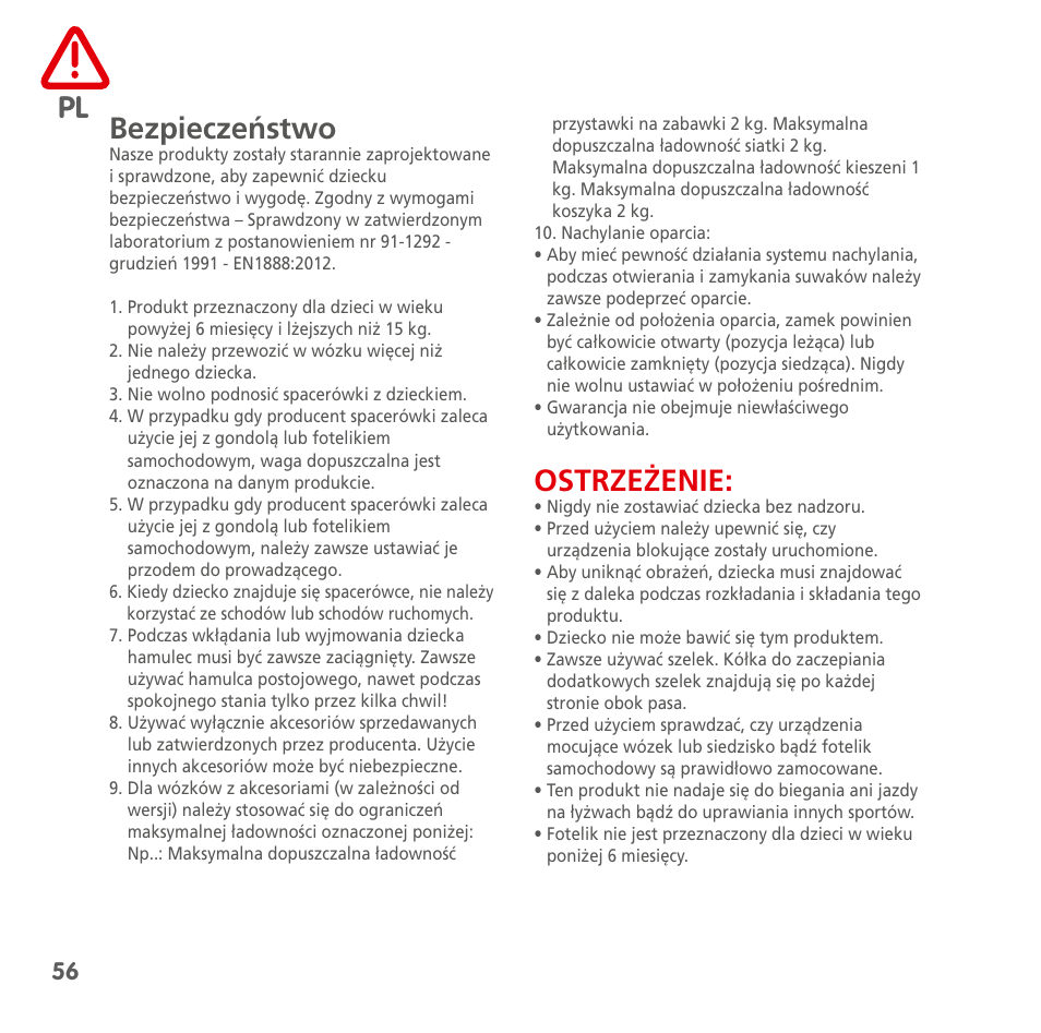 Pl bezpieczeństwo, Ostrzeżenie | Bebe Confort Noa User Manual | Page 56 / 72
