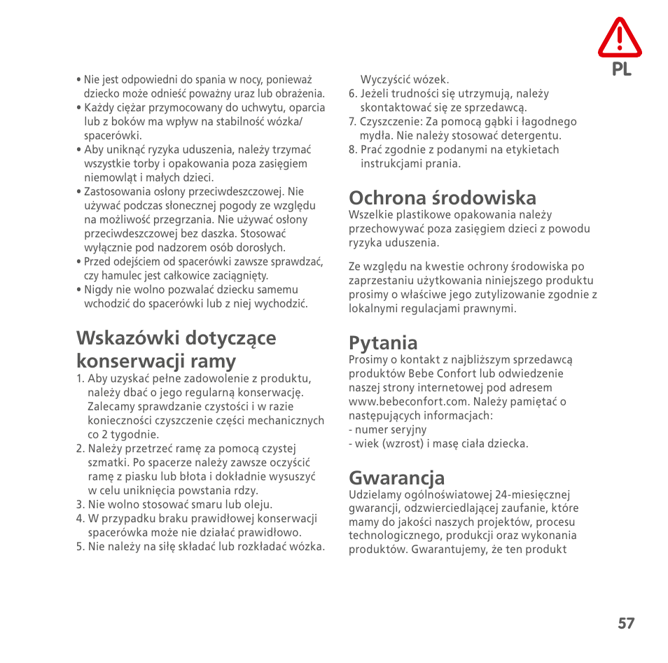 Wskazówki dotyczące konserwacji ramy, Ochrona środowiska, Pytania | Gwarancja | Bebe Confort Noa User Manual | Page 57 / 72