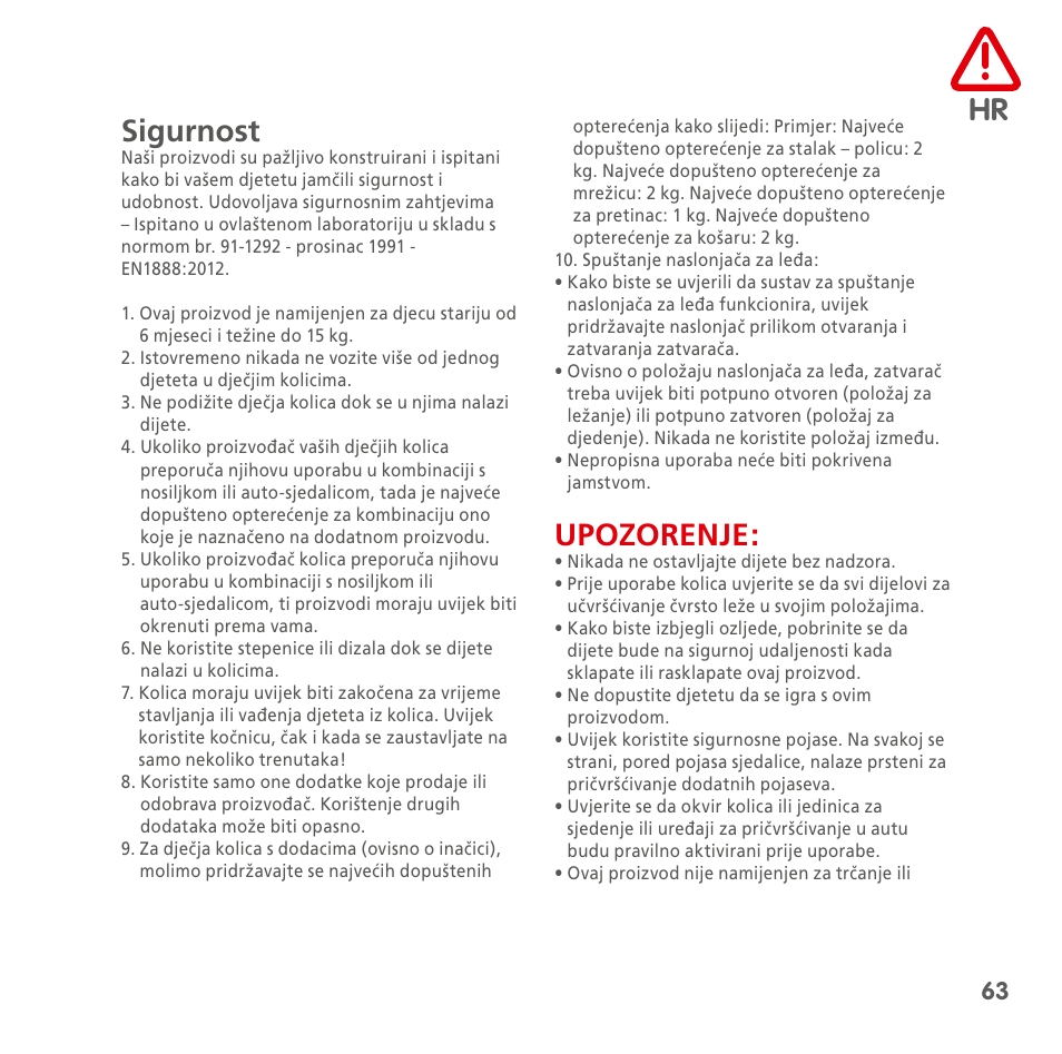 Hr sigurnost, Upozorenje | Bebe Confort Noa User Manual | Page 63 / 72