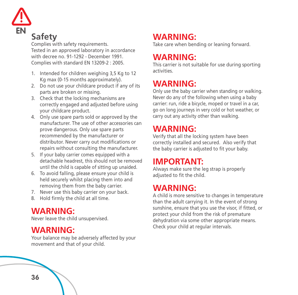 Safety, Warning, Important | Bebe Confort Easia User Manual | Page 36 / 76