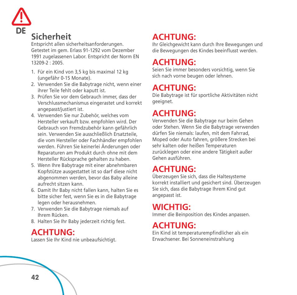 Sicherheit, Achtung, Wichtig | Bebe Confort Easia User Manual | Page 42 / 76