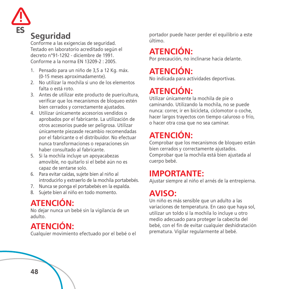 Seguridad, Atención, Importante | Aviso | Bebe Confort Easia User Manual | Page 48 / 76