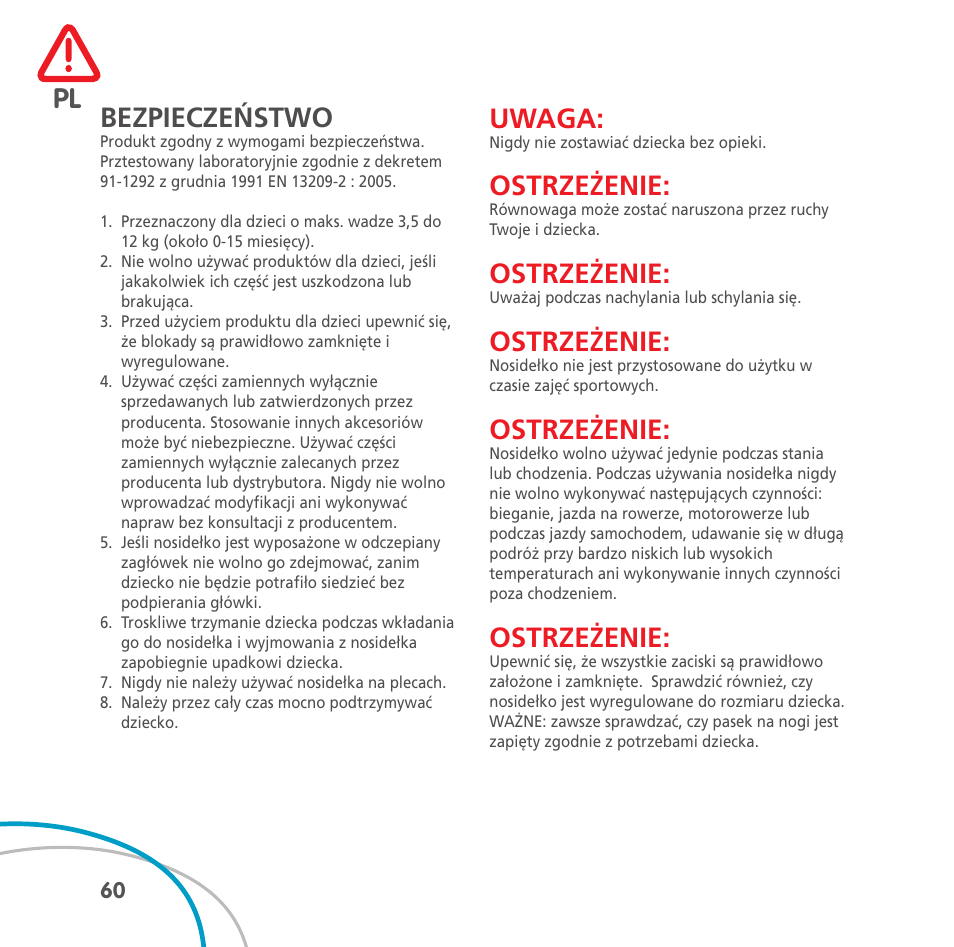 Bezpieczeństwo, Uwaga, Ostrze żenie | Bebe Confort Easia User Manual | Page 60 / 76