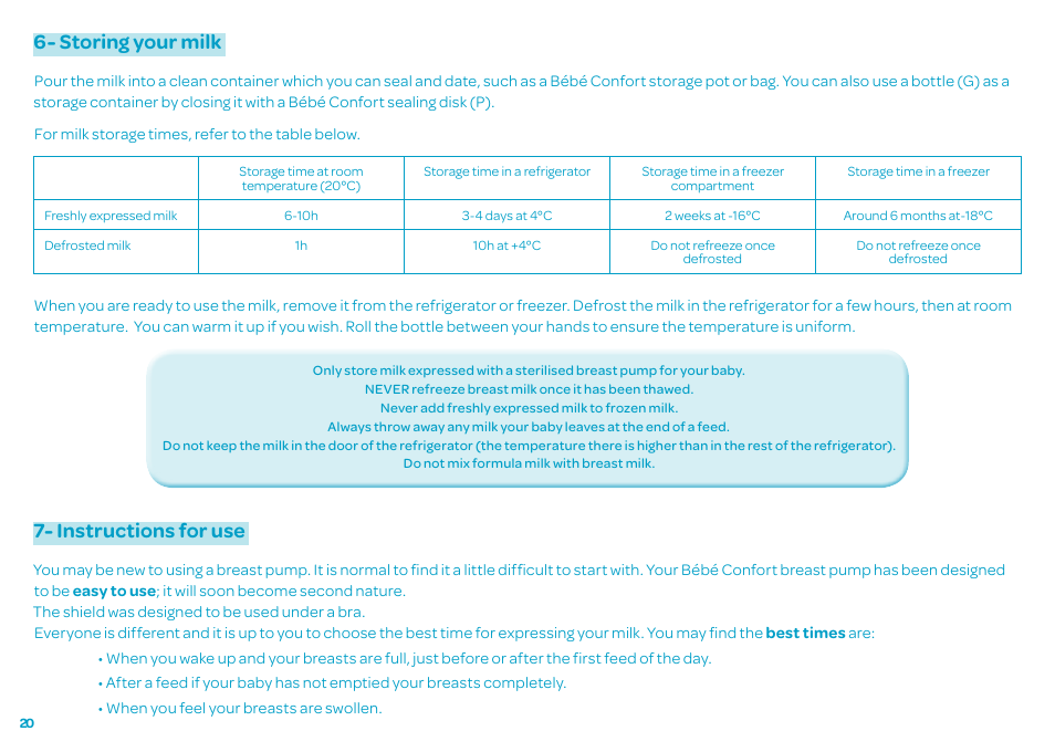 Storing your milk, Instructions for use | Bebe Confort Natural Comfort Electric Breast Pump User Manual | Page 20 / 66