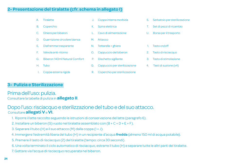 Prima dell’uso: pulizia, Pulizia e sterilizzazione, Allegato ii | Allegati v | Bebe Confort Natural Comfort Electric Breast Pump User Manual | Page 24 / 66