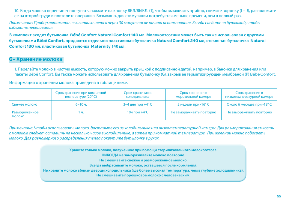 Хранение молока | Bebe Confort Natural Comfort Electric Breast Pump User Manual | Page 55 / 66
