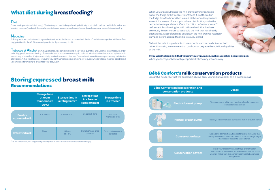 What diet during breastfeeding, Storing expressed breast milk, Bébé confort’s milk conservation products | Recommendations | Bebe Confort Breastfeeding User Manual | Page 5 / 7