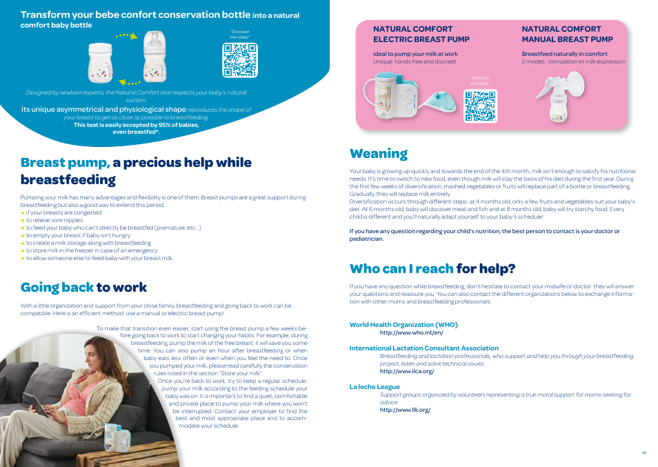 Breast pump, a precious help while breastfeeding, Going back to work, Weaning | Who can i reach for help, Transform your bebe confort conservation bottle | Bebe Confort Breastfeeding User Manual | Page 6 / 7