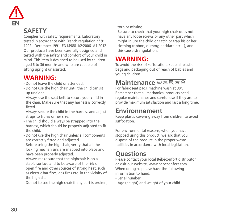 Safety, Warning, Maintenance | Environnement, Questions | Bebe Confort Kaleo User Manual | Page 30 / 56