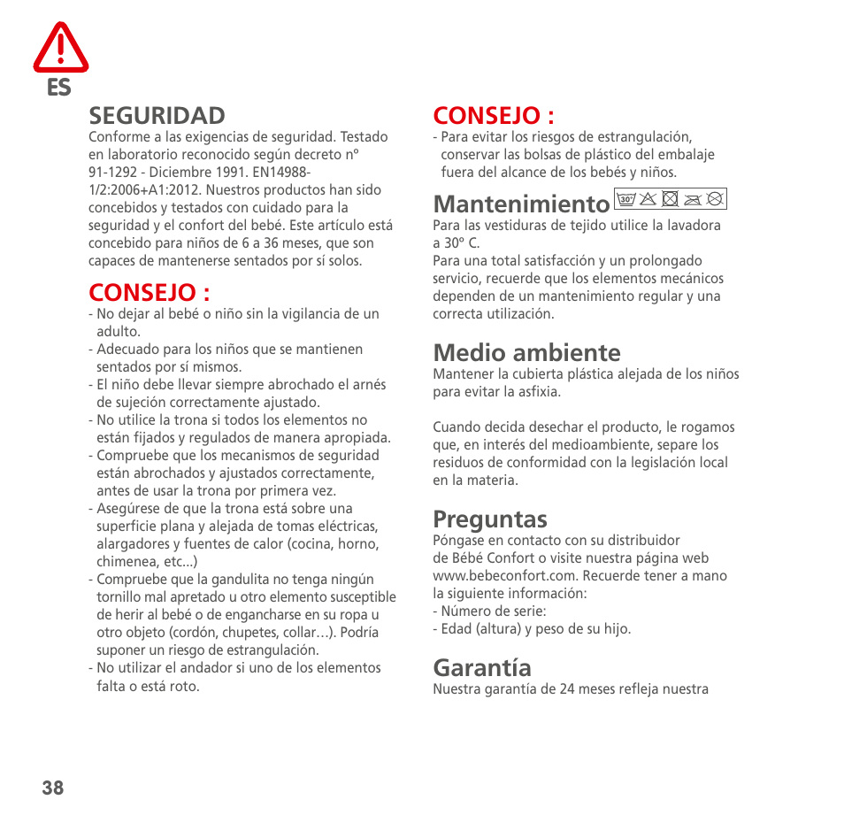 Seguridad, Consejo, Mantenimiento | Medio ambiente, Preguntas, Garantía | Bebe Confort Kaleo User Manual | Page 38 / 56