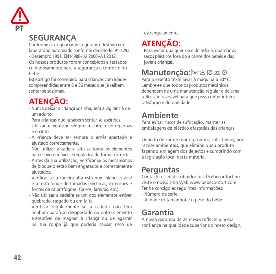 Segurança, Atenção, Manutenção | Ambiente, Perguntas, Garantia | Bebe Confort Kaleo User Manual | Page 42 / 56