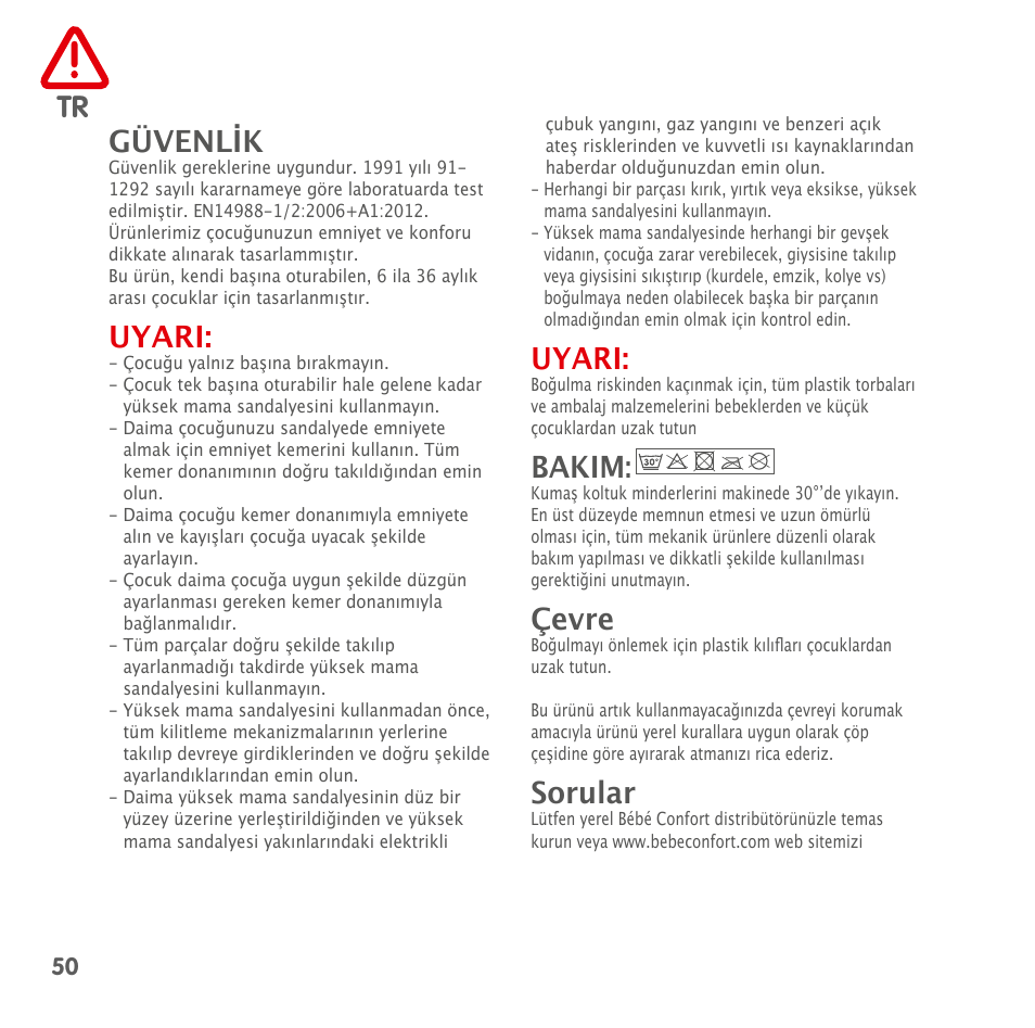 Güvenlik, Uyari, Bakim | Çevre, Sorular | Bebe Confort Kaleo User Manual | Page 50 / 56