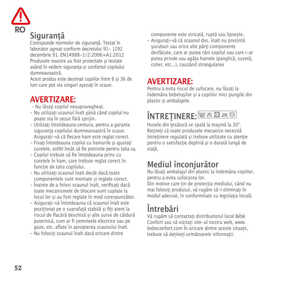 Siguranţă, Avertizare, Întreţinere | Mediul înconjurător, Întrebări | Bebe Confort Kaleo User Manual | Page 52 / 56