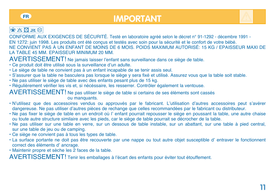 Important, Avertissement | Bebe Confort Reflex User Manual | Page 11 / 28