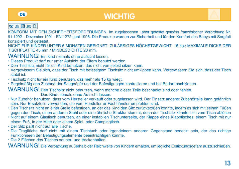 Wichtig, Warnung | Bebe Confort Reflex User Manual | Page 13 / 28