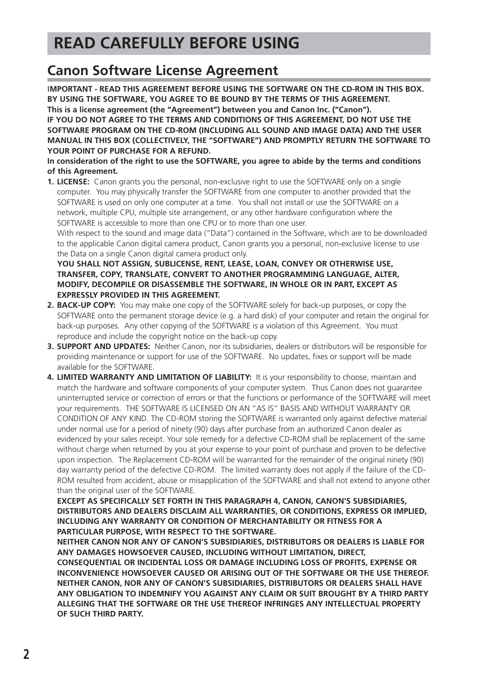 Read carefully before using, Canon software license agreement | Canon DIM-521A User Manual | Page 2 / 100