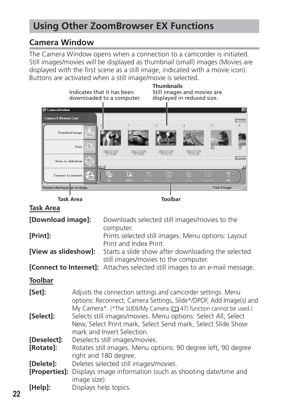 Using other zoombrowser ex functions, Camera window | Canon DIM-521A User Manual | Page 22 / 100