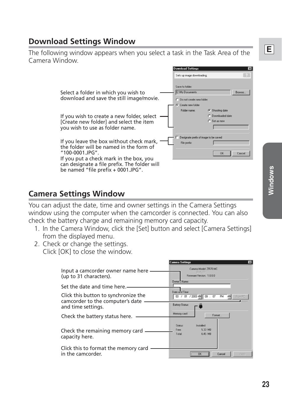 Ecamera settings window, Download settings window | Canon DIM-521A User Manual | Page 23 / 100