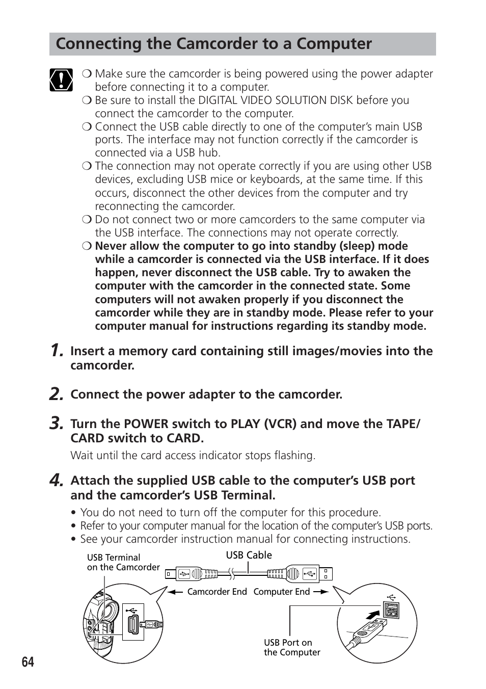 Connecting the camcorder to a computer | Canon DIM-521A User Manual | Page 64 / 100