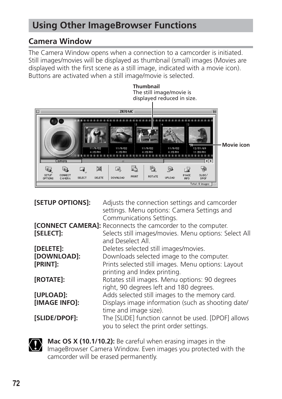 Using other imagebrowser functions, Camera window | Canon DIM-521A User Manual | Page 72 / 100