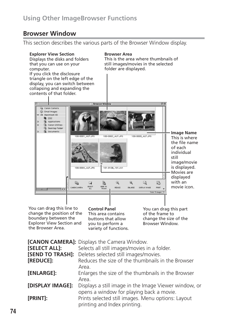 Browser window, Using other imagebrowser functions | Canon DIM-521A User Manual | Page 74 / 100