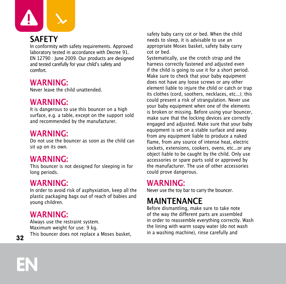 Safety, Warning, Maintenance | Bebe Confort Keyo bouncer User Manual | Page 32 / 72