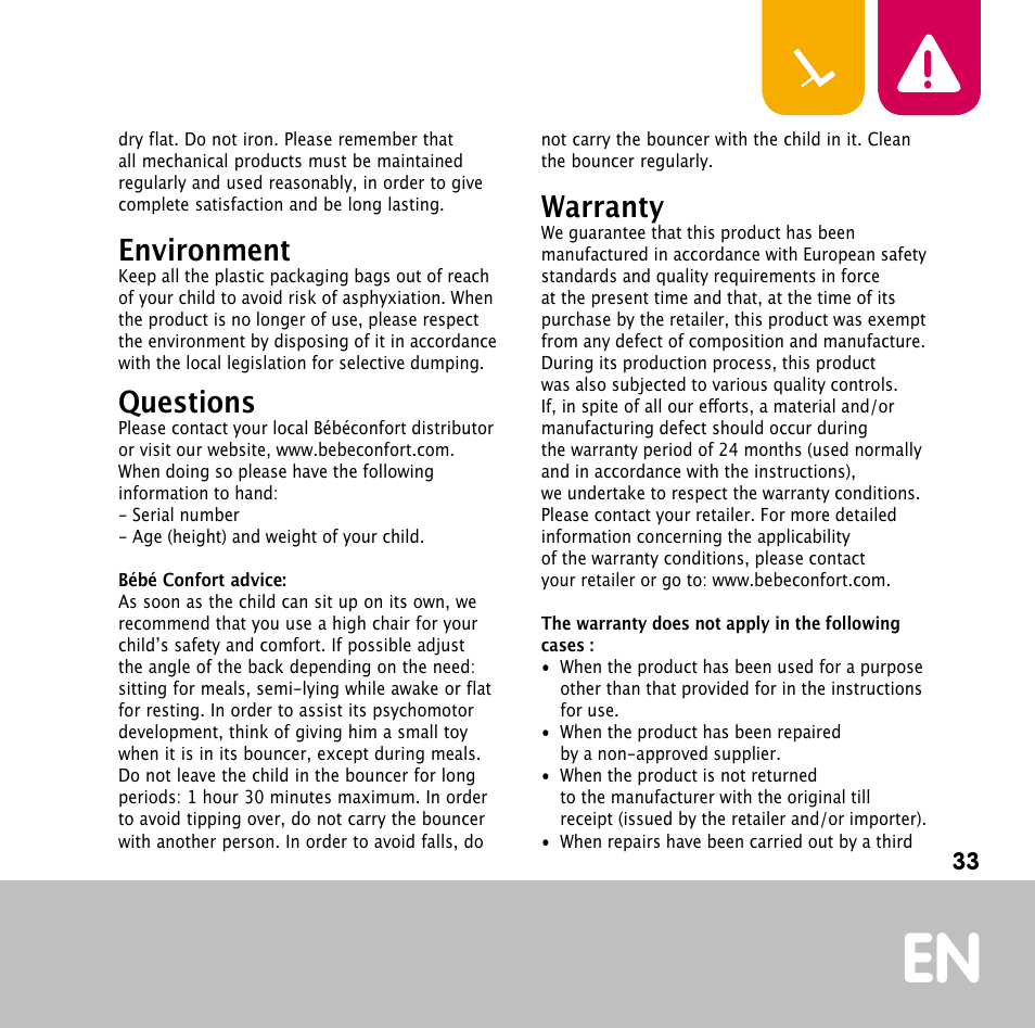 Environment, Questions, Warranty | Bebe Confort Keyo bouncer User Manual | Page 33 / 72