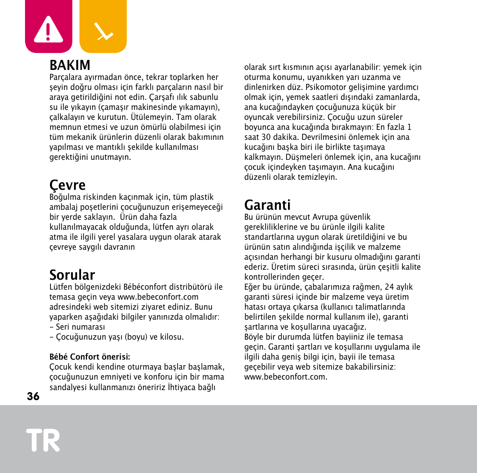 Bakim, Çevre, Sorular | Garanti | Bebe Confort Keyo bouncer User Manual | Page 36 / 72