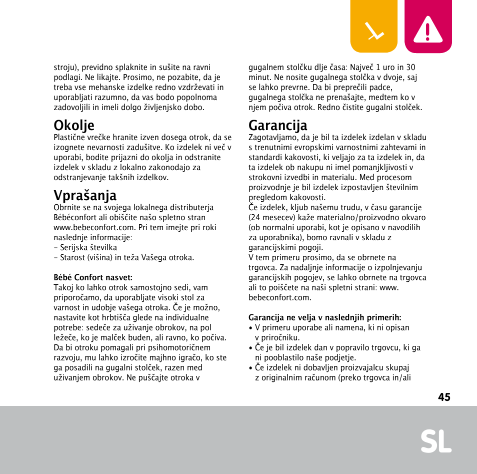 Okolje, Vprašanja, Garancija | Bebe Confort Keyo bouncer User Manual | Page 45 / 72