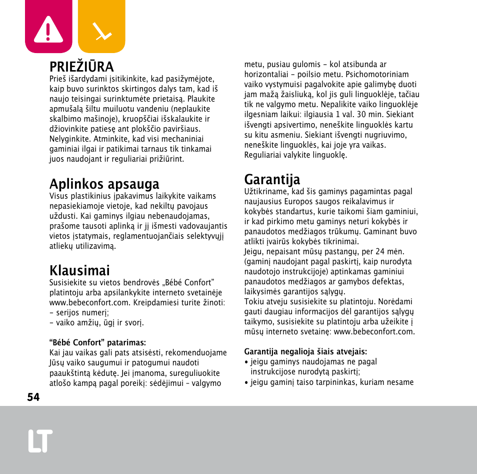 Priežiūra, Aplinkos apsauga, Klausimai | Garantija | Bebe Confort Keyo bouncer User Manual | Page 54 / 72