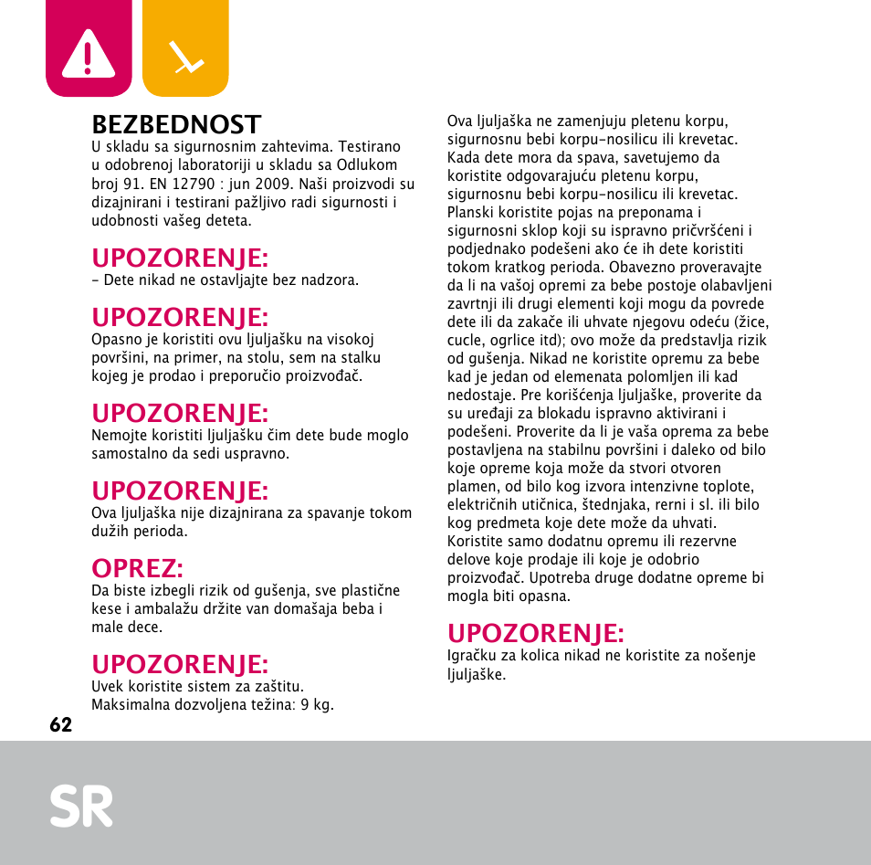 Bezbednost, Upozorenje, Oprez | Bebe Confort Keyo bouncer User Manual | Page 62 / 72