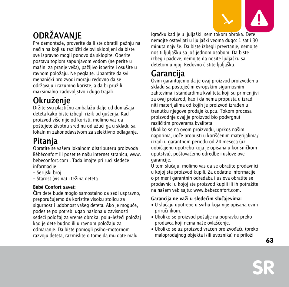 Održavanje, Okruženje, Pitanja | Garancija | Bebe Confort Keyo bouncer User Manual | Page 63 / 72