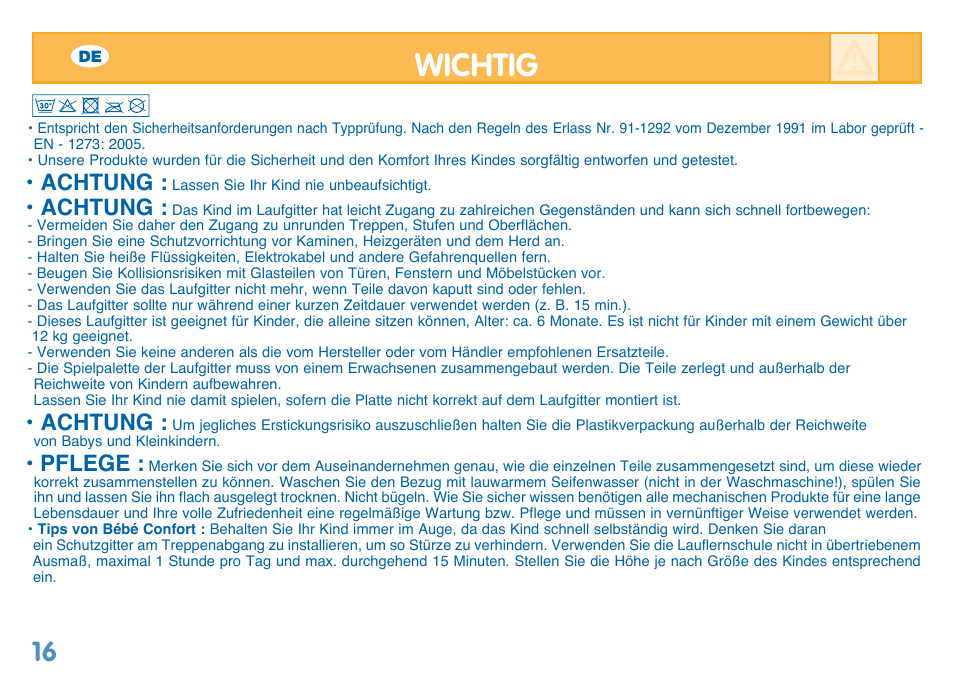 Wichtig, Achtung, Pflege | Bebe Confort Balancelle User Manual | Page 16 / 28