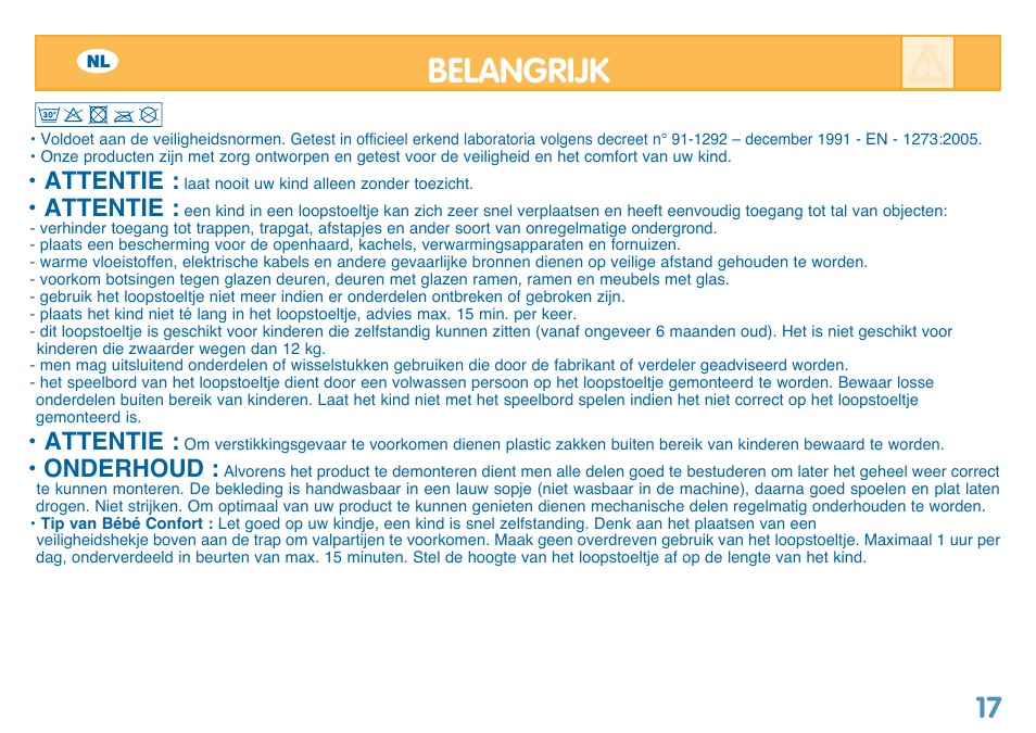 Belangrijk, Attentie, Onderhoud | Bebe Confort Balancelle User Manual | Page 17 / 28