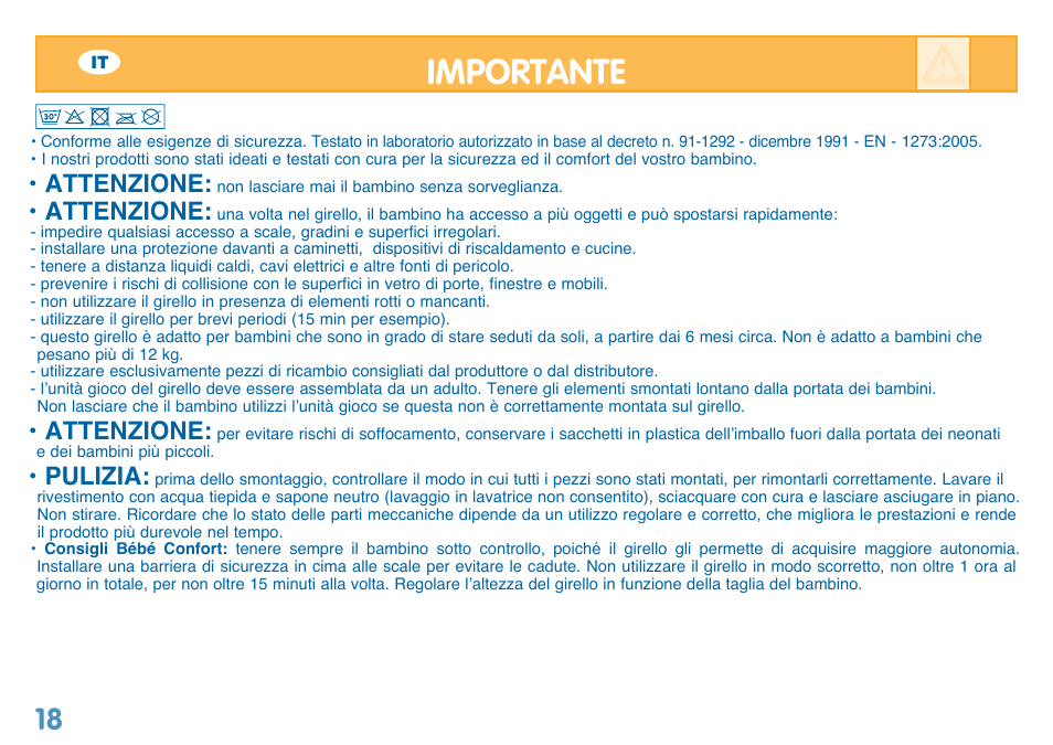 Importante, Attenzione, Pulizia | Bebe Confort Balancelle User Manual | Page 18 / 28