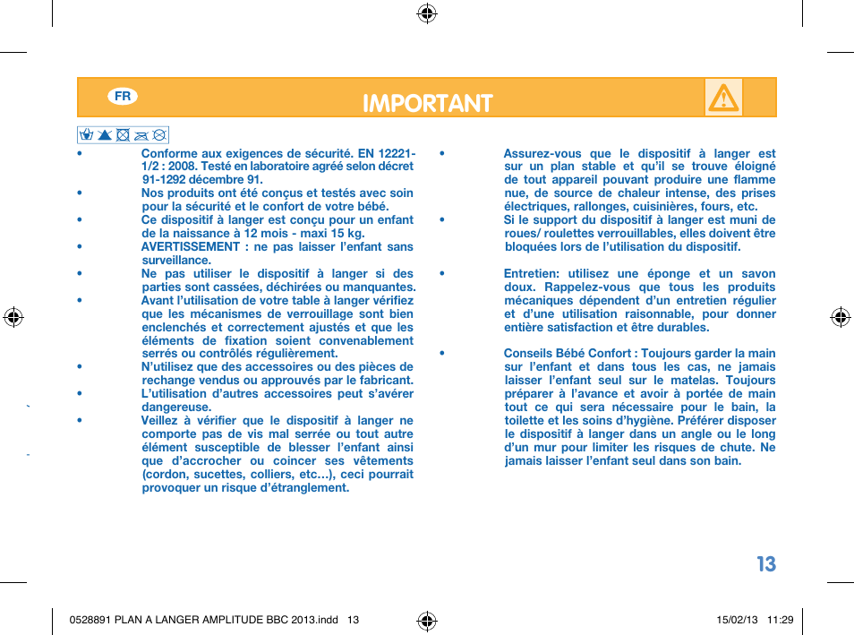 Important | Bebe Confort Amplitude changing mat User Manual | Page 13 / 28