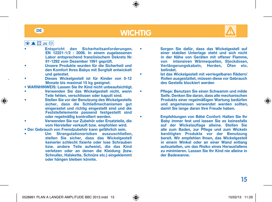 Wichtig | Bebe Confort Amplitude changing mat User Manual | Page 15 / 28