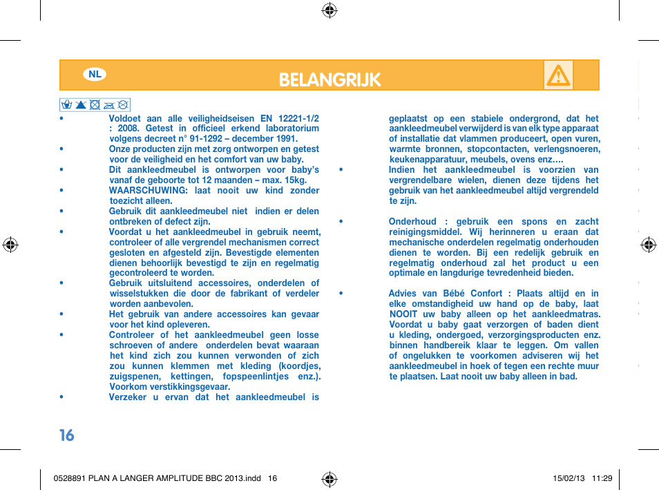 Belangrijk | Bebe Confort Amplitude changing mat User Manual | Page 16 / 28