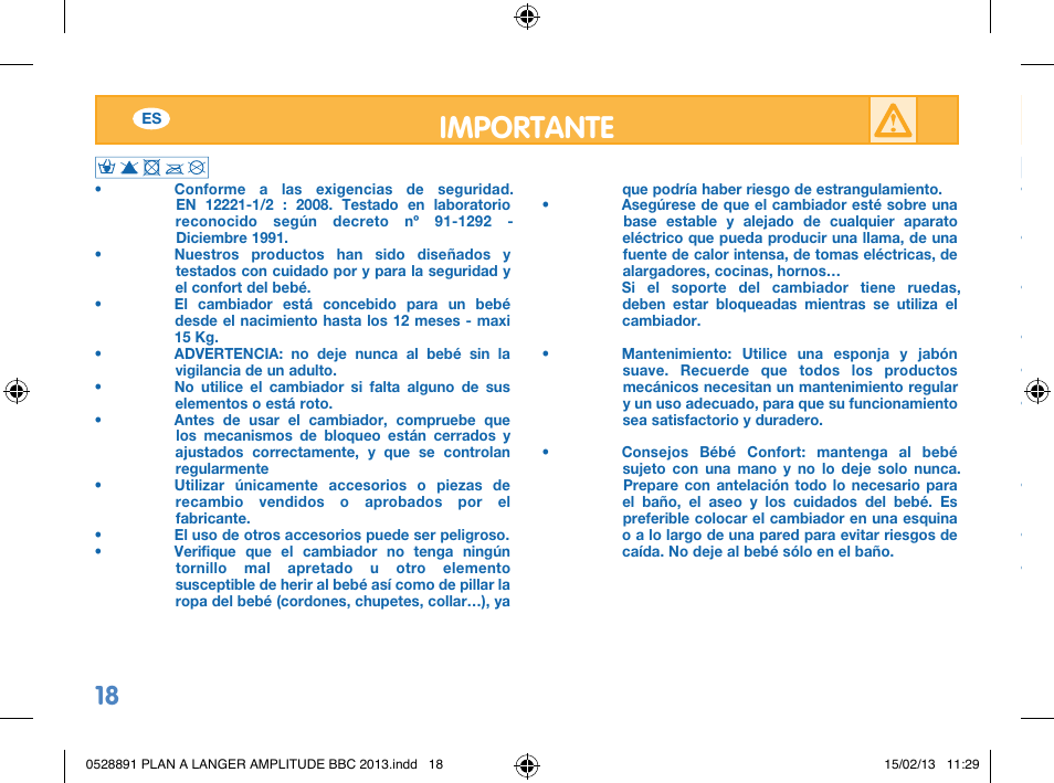 Importante | Bebe Confort Amplitude changing mat User Manual | Page 18 / 28