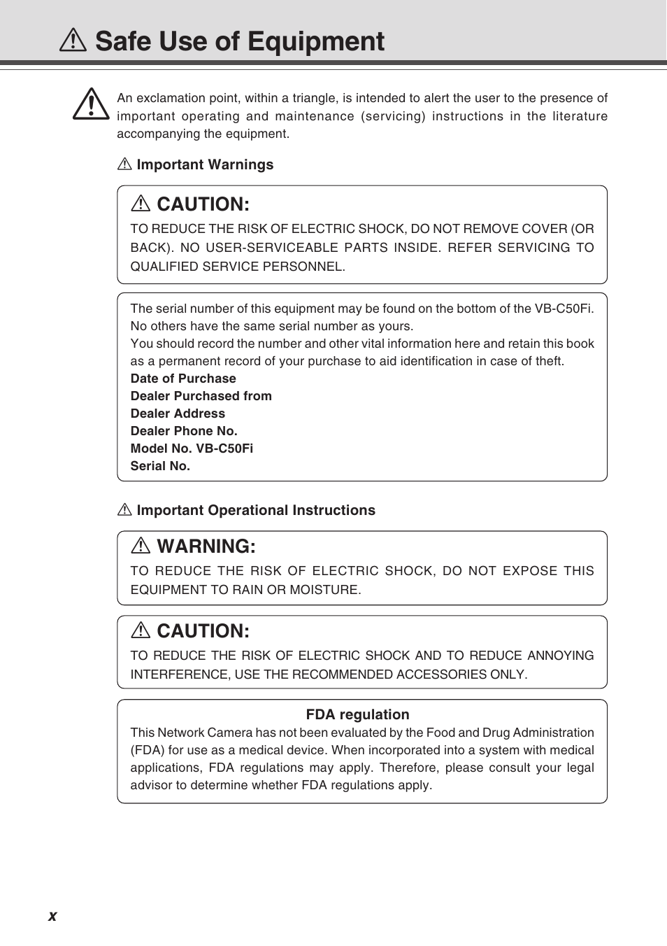 A safe use of equipment, A caution, A warning | Canon Vb-C50fi User Manual | Page 10 / 209