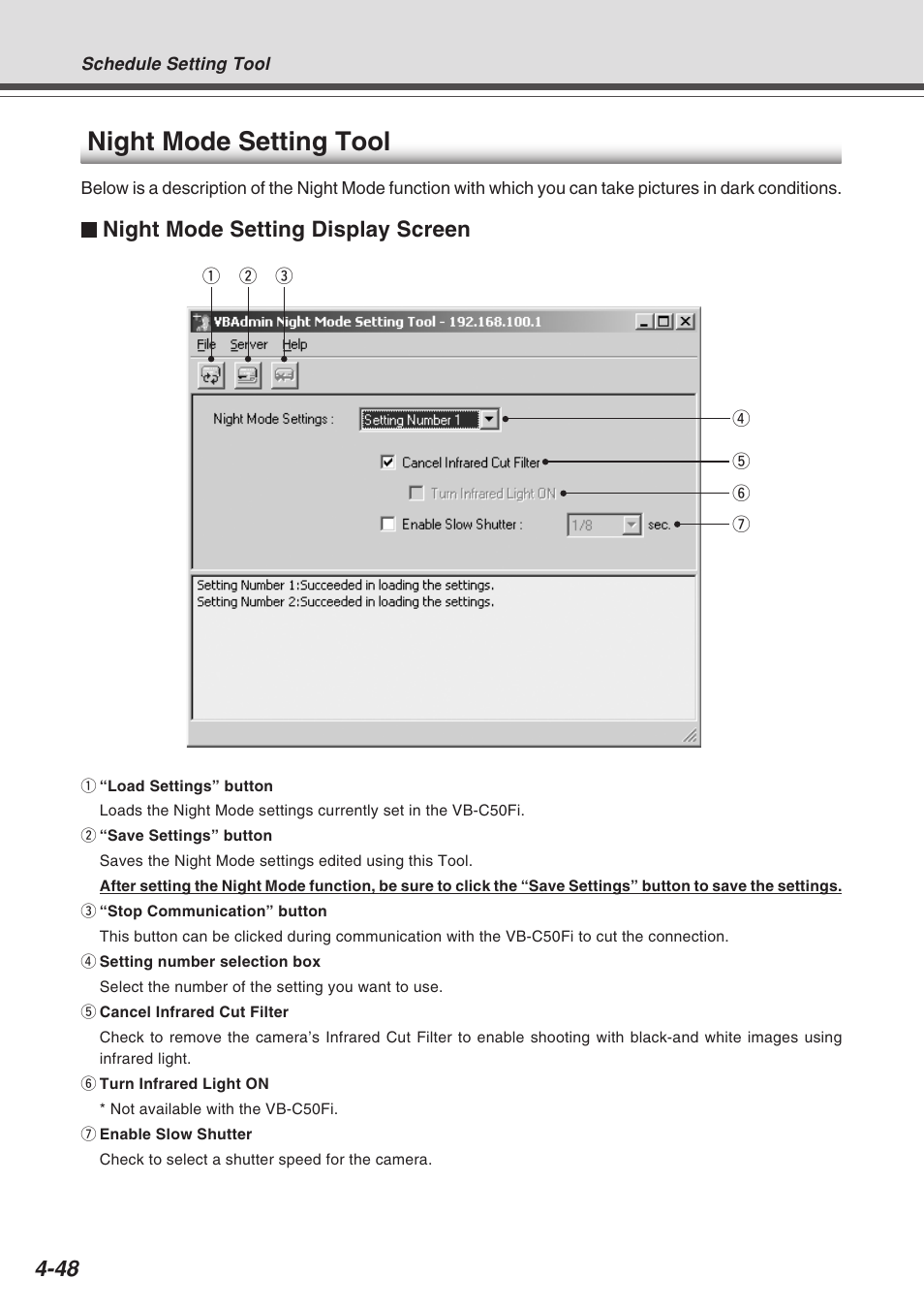 Night mode setting tool, Night mode setting display screen | Canon Vb-C50fi User Manual | Page 112 / 209