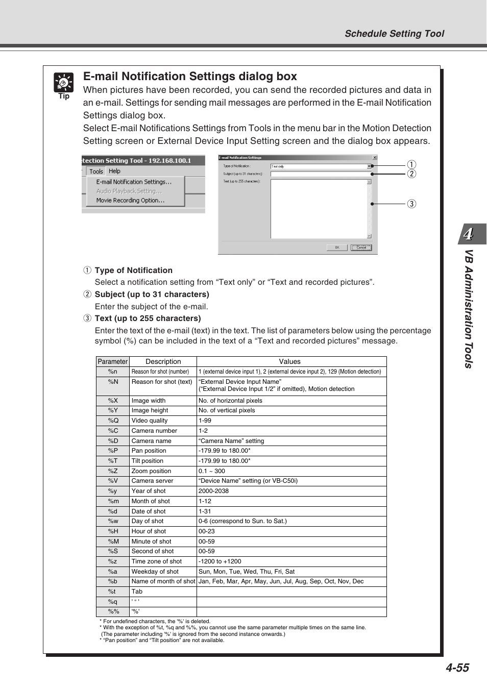 E-mail notification settings dialog box, Vb administration t ools, Schedule setting tool | Q w e | Canon Vb-C50fi User Manual | Page 119 / 209