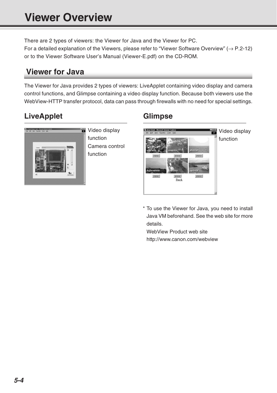 Viewer overview, Viewer for java, Liveapplet glimpse | Canon Vb-C50fi User Manual | Page 134 / 209