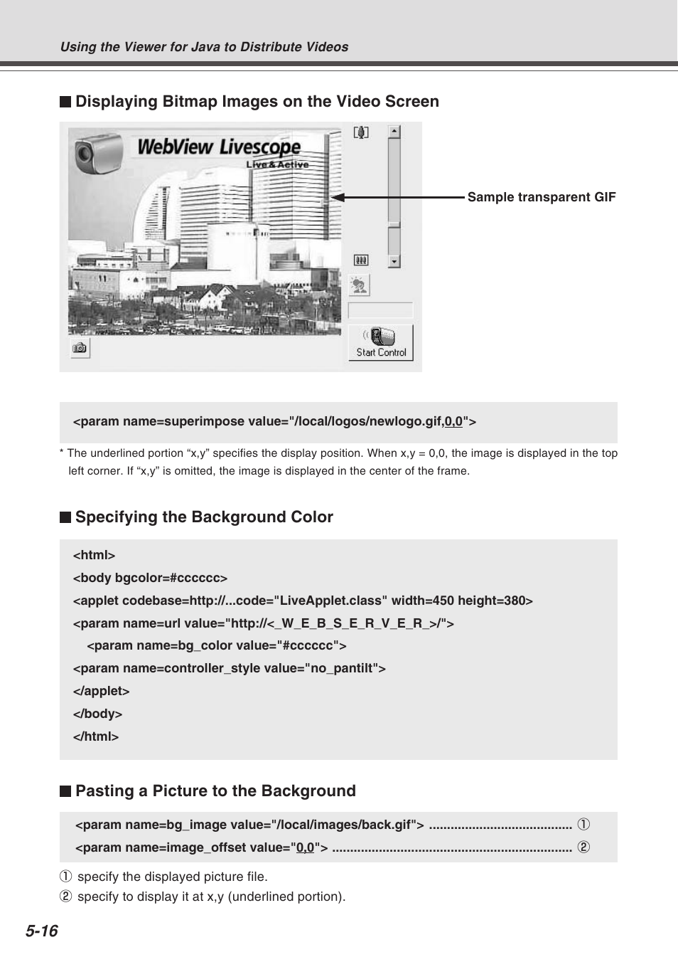 Displaying bitmap images on the video screen, Specifying the background color, Pasting a picture to the background | Canon Vb-C50fi User Manual | Page 146 / 209