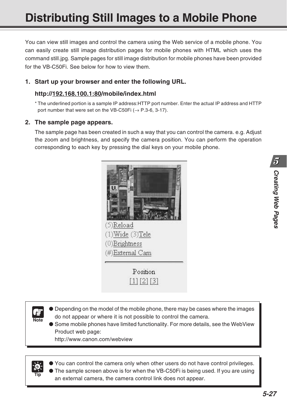 Distributing still images to a mobile phone | Canon Vb-C50fi User Manual | Page 157 / 209
