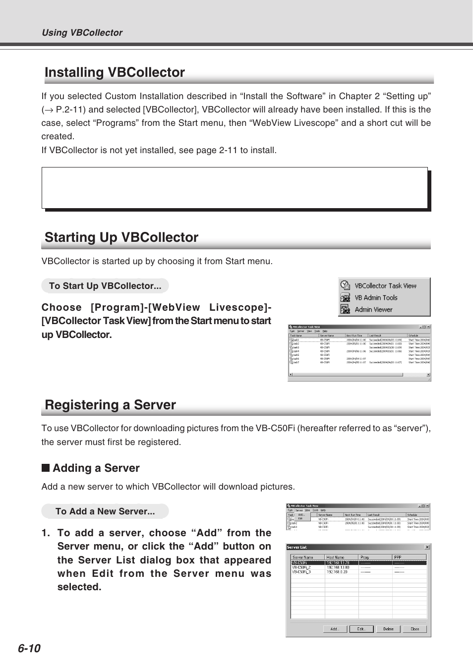 Starting up vbcollector, Registering a server, Installing vbcollector | Canon Vb-C50fi User Manual | Page 174 / 209