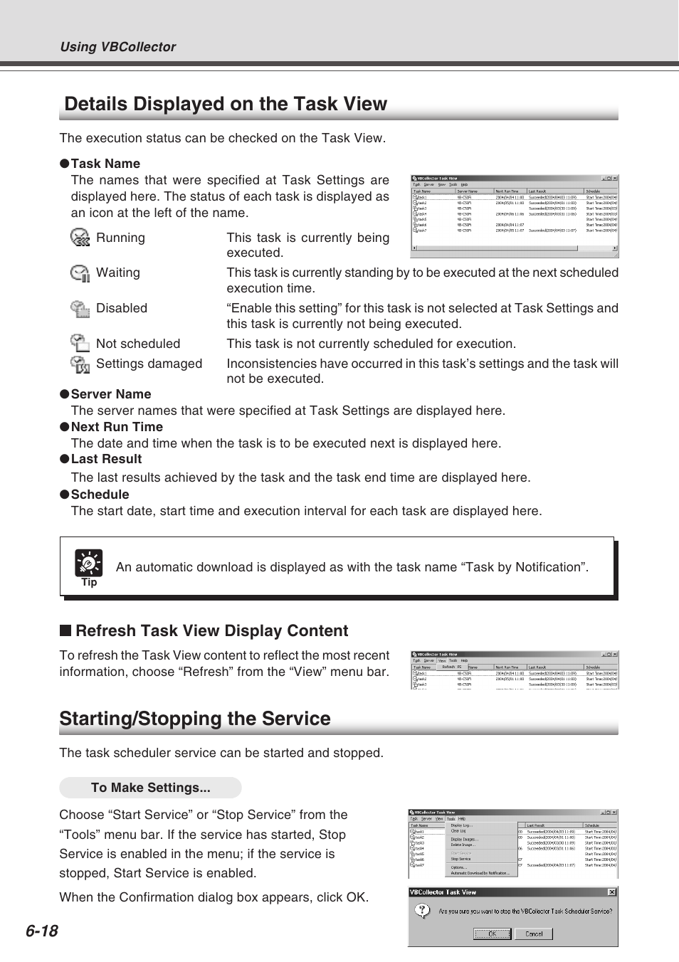 Starting/stopping the service, Details displayed on the task view | Canon Vb-C50fi User Manual | Page 182 / 209